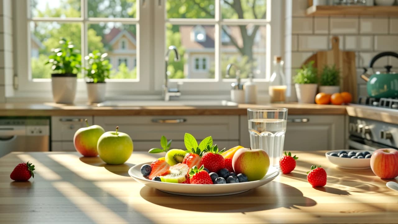 A neutral, lifestyle-oriented image showing a simple snack setting - such as a small plate with fresh fruit and a glass of water on a table near a window, or a person preparing a light snack in a calm kitchen environment.