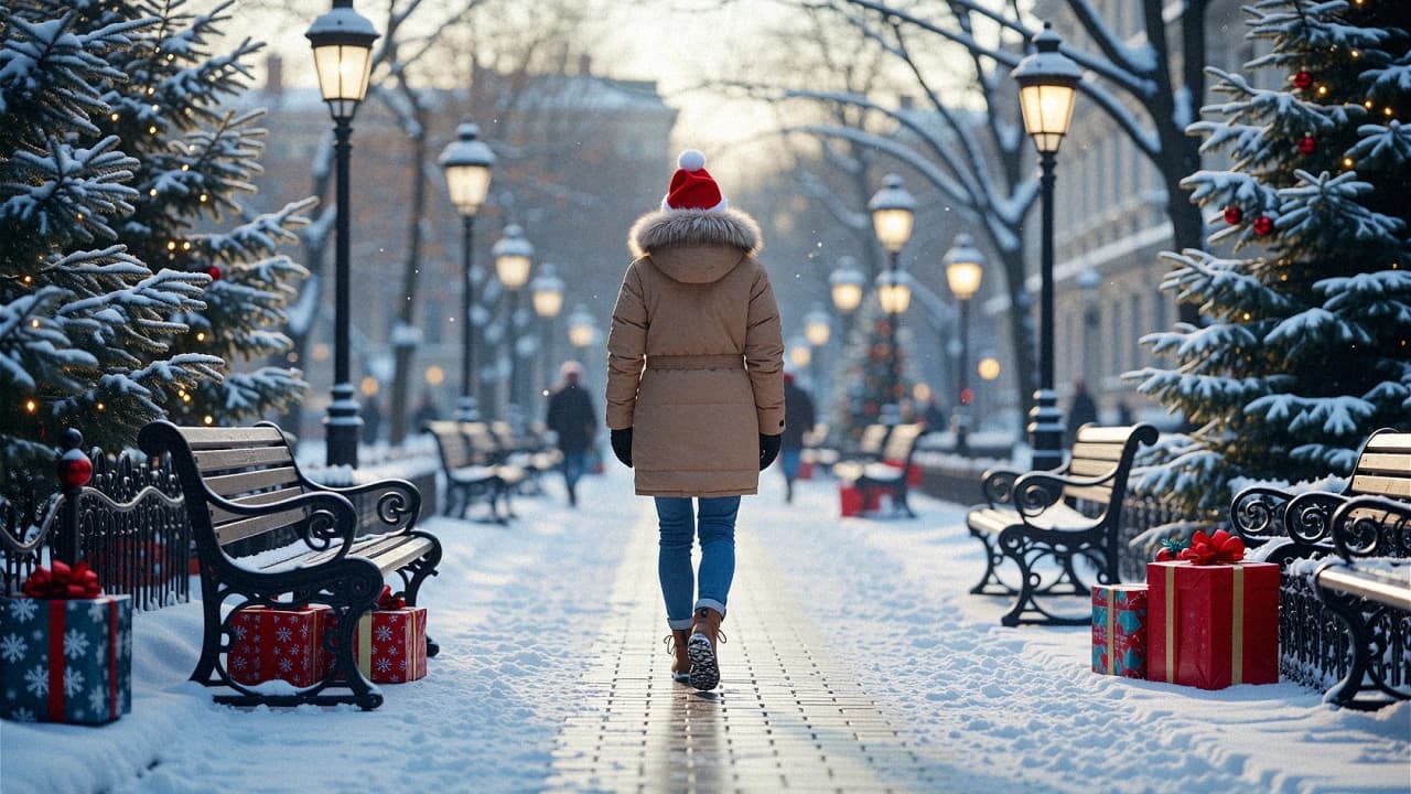 A clean, neutral lifestyle image showing a person walking in a city or park during winter, wearing a simple jacket. No extreme weather, no snowstorms, no discomfort cues. The focus is on everyday movement and seasonality rather than protection or performance.